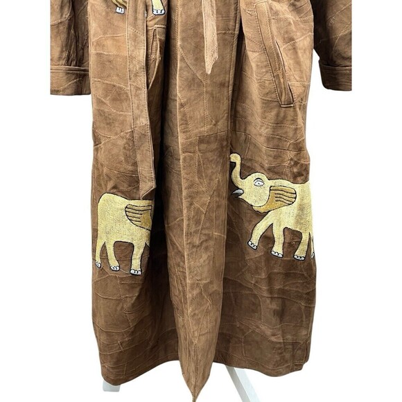 The African Star Long Suede Leather Coat Belted Embroidered Elephants XL Vintage - Picture 5 of 16